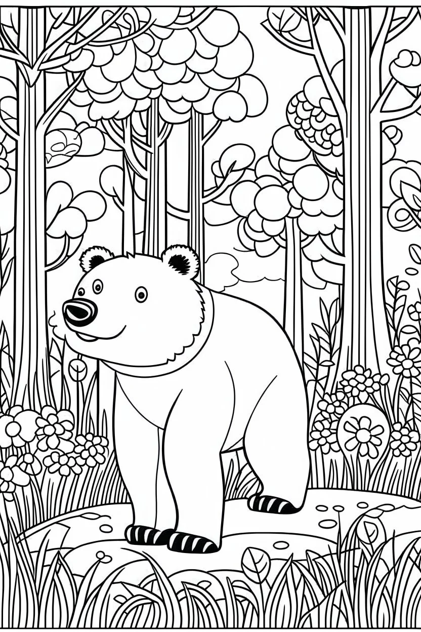 a brown bear in a charming European woodland., clean line art, monochrome, for kids coloring book