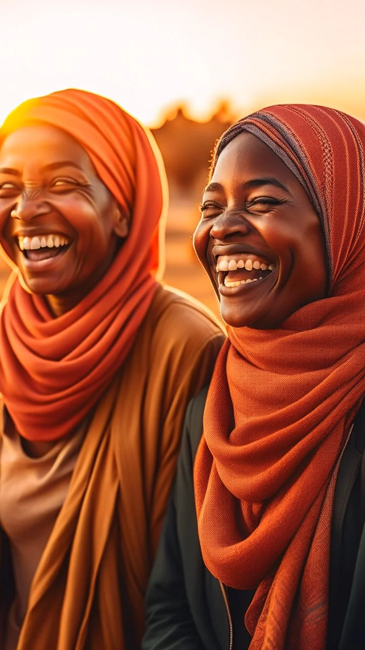 Two African women wearing scarf, laughing while watching the sun fall