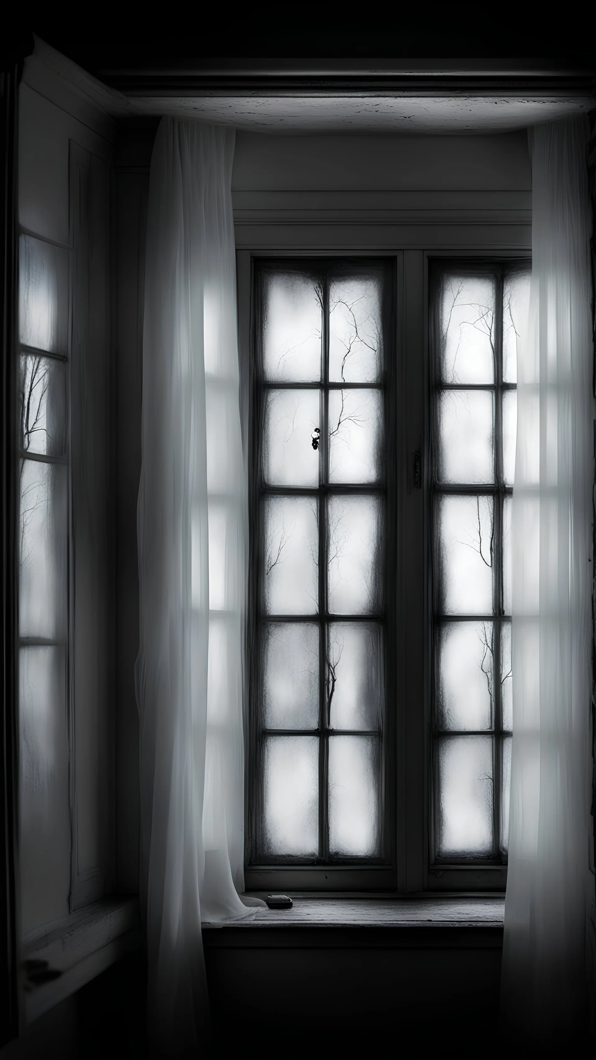 From the room of an old house in the window of someone’s white silhouette in the style of a horror film