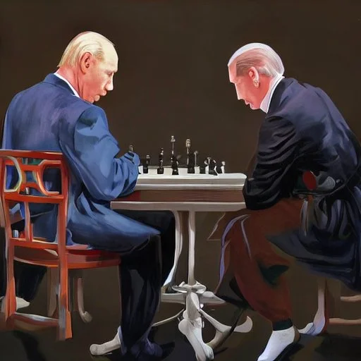 Putin, President Xi Of China And Joe Biden Play Chess between lights and shadow With A Pigeon,And Atomic Bomb Mushroom Cloud,Complex Surgical Instruments Intermixed With A Newborn Boy,Minimalism,Painting By Adrian Ghenie,Rene Magritte,Pablo Picasso,Michelangelo,Salvador Dali,Lucian Freud