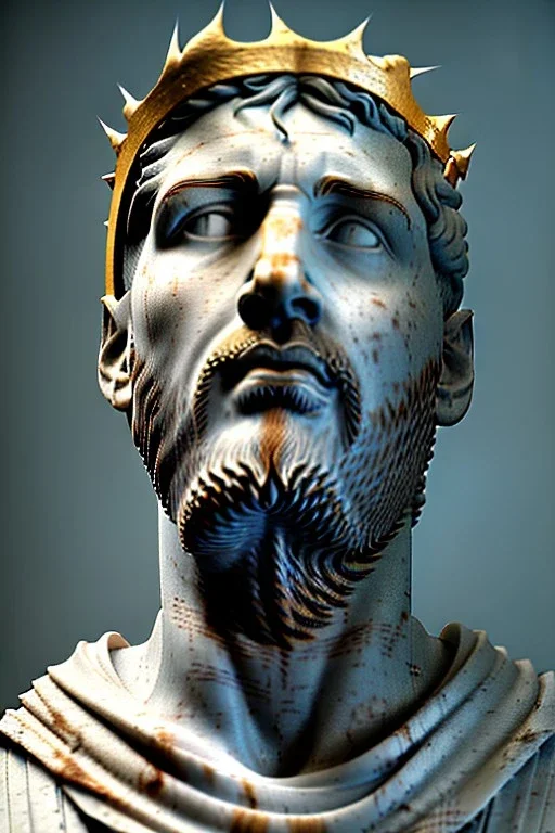 Ultra Realistic image, Roman sculpture, white marble material, Lionel Messi, gold crown of natural thorns, god crown, Renaissance style, sun rays background, waist up portrait, epic, celestial, cinematic lighting, God lights, 4k resolution, smooth details, soft lighting, unreal engine 5, art station, substance 3d.