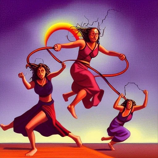 Two women skipping with a rope, demons and angry gods fight in the background, in the style of a Michael Moorcock book cover.