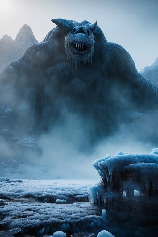 Giant scary ice and stone monster, dramatic scenery, cold light