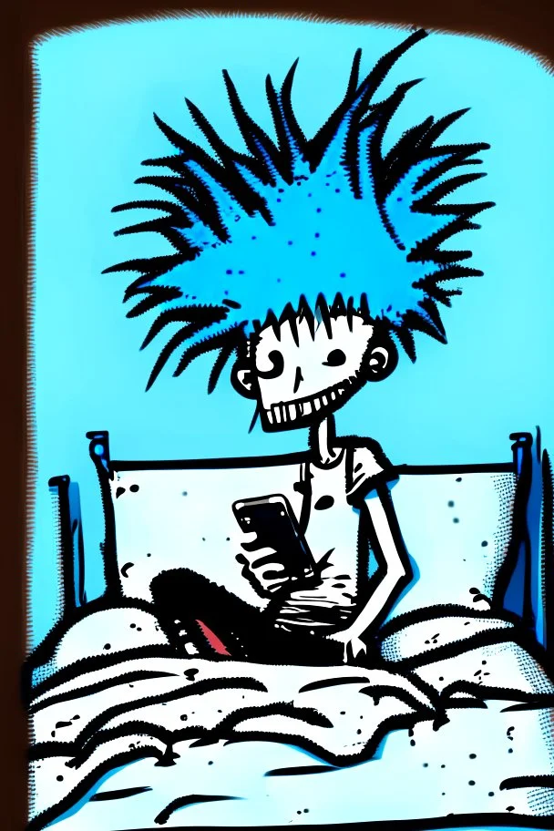 2d drawing of a stickman, laying in bed, cool with punk hair, just woke up, sitting up in bed, with cellphone in hand, excited, smiling ,3d realistic in colour