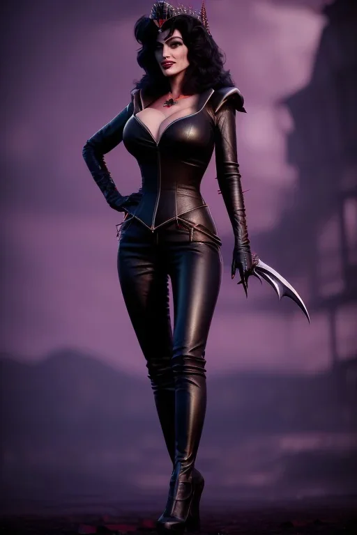 painting of lisa ann as evil queen in black leather pants, , leather, angry, stern look, volumetric lighting, particales,highly detailed,cinematic, deep colours,8, highly detailed, digital painting, artstation, concept art, smooth, sharp focus,