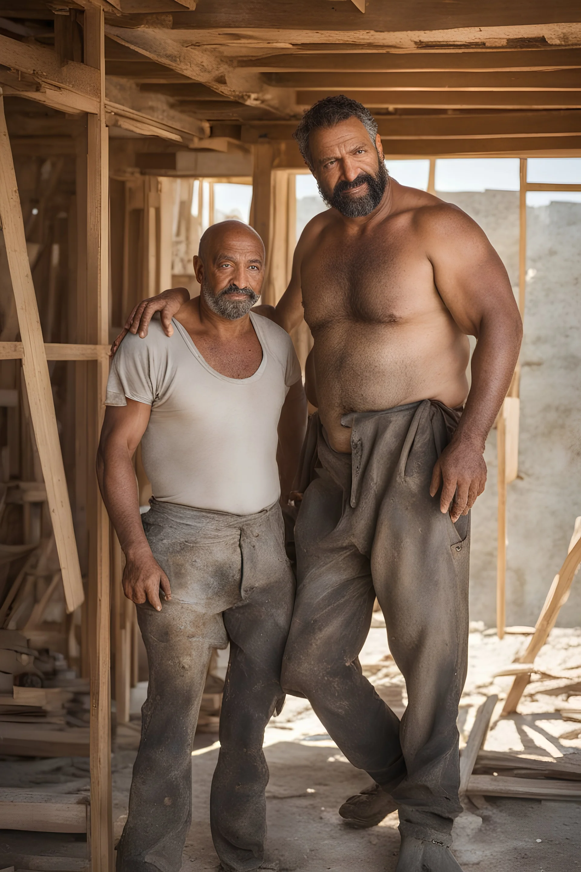 half figure shot photography of TWO ugly 48 year old stocky big beefy robust burly marocan carpenters close embraced, dirty,, wearing boxer, shirtless, chest, serious, very virile, short beard, short hair , in a sunny construction work area, photorealistic , photorealistic