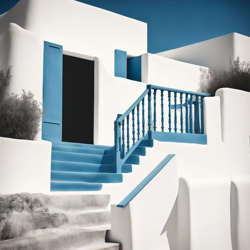 Minimalist abstract cyanotype photo of stairs outside a Greek house