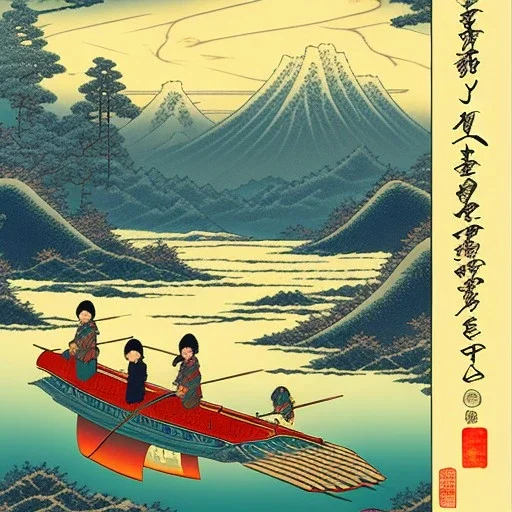 Ukiyo-e styled art, stream, mountain, sun, family on a boat