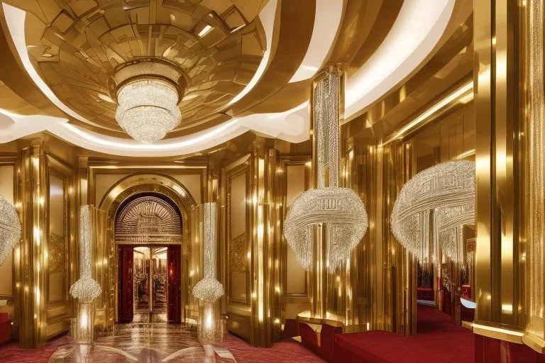 Inside an Art Deco Opera foyer, with mirrors and brass sconces, incandescent, gleaming, people in glittering extravagant costumes with feathers