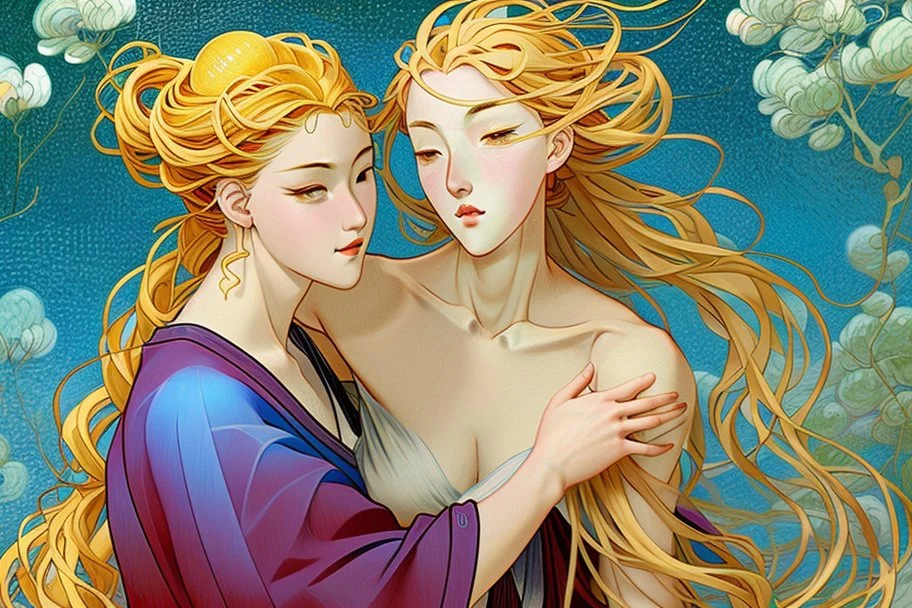 colourful digital painting of beautiful aphrodite full body embracing old man, in the style of hokusai and van gogh