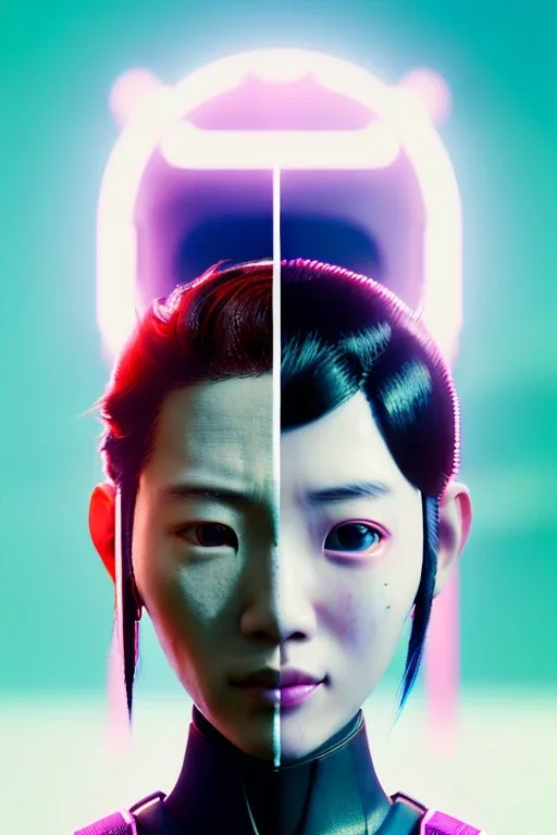 portrait, Asian cyborg woman, samurai warrior :: symmetry photography, cyberpunk style, cyborg eyes, pink hair :: wires connect, perfect eyes, samurai helmet, tiger mask, black samurai army, katana, ghost in the shell, pink, white, black, glow eyes, cinematic, Ultra realistic, dark scene, soft color, highly detailed, unreal engine 5, RTX, ultra detail, 3d, finely drawn, high definition.