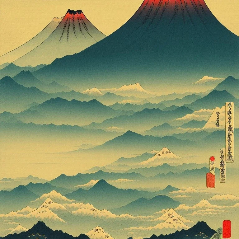 Ukiyo-e, mountains, sun