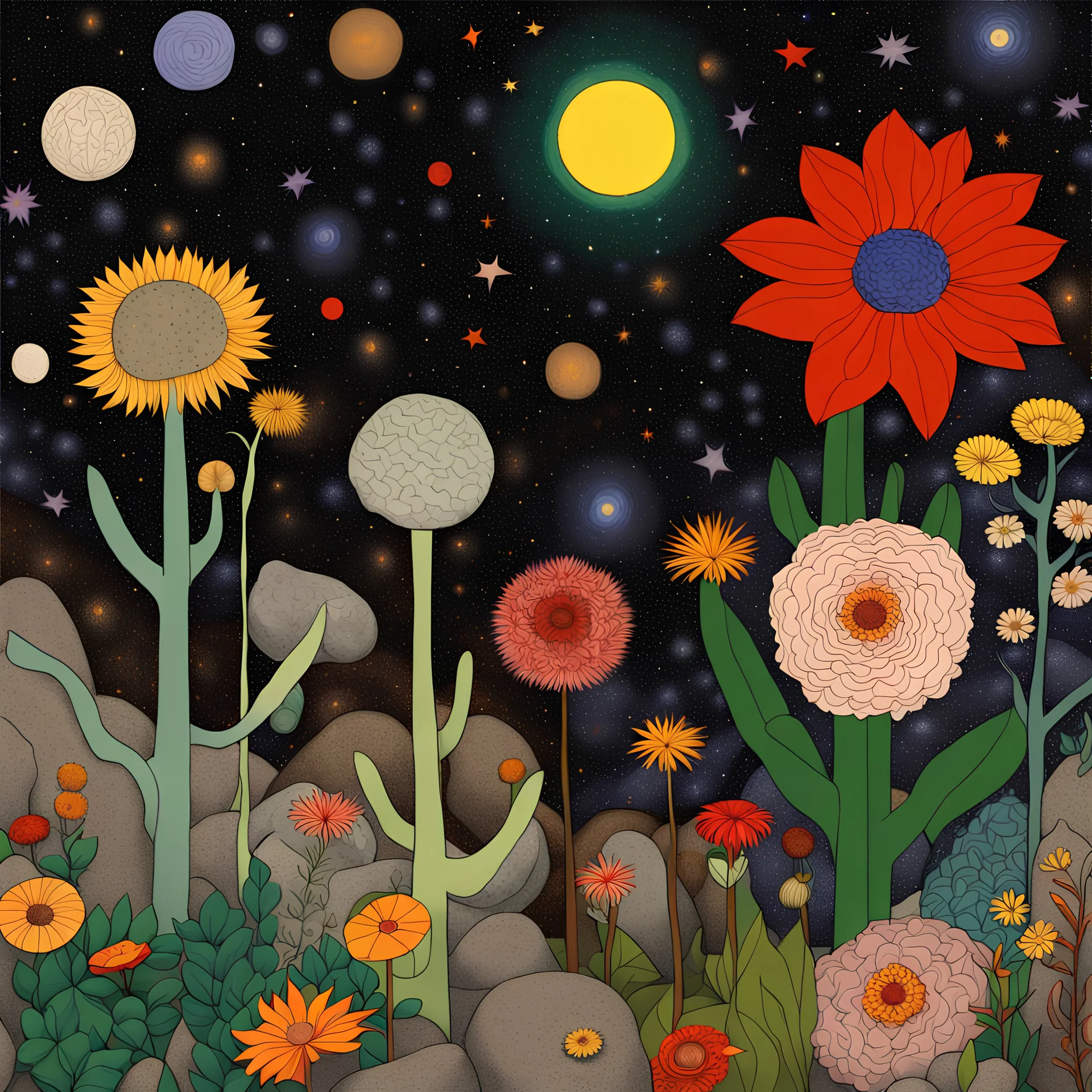 Colourful, peaceful, Max Ernst, Gustav Klimt, Egon Schiele, night sky filled with galaxies and stars, trees, rocks, giant flowers, one-line drawing, sharp focus, 8k, 3d