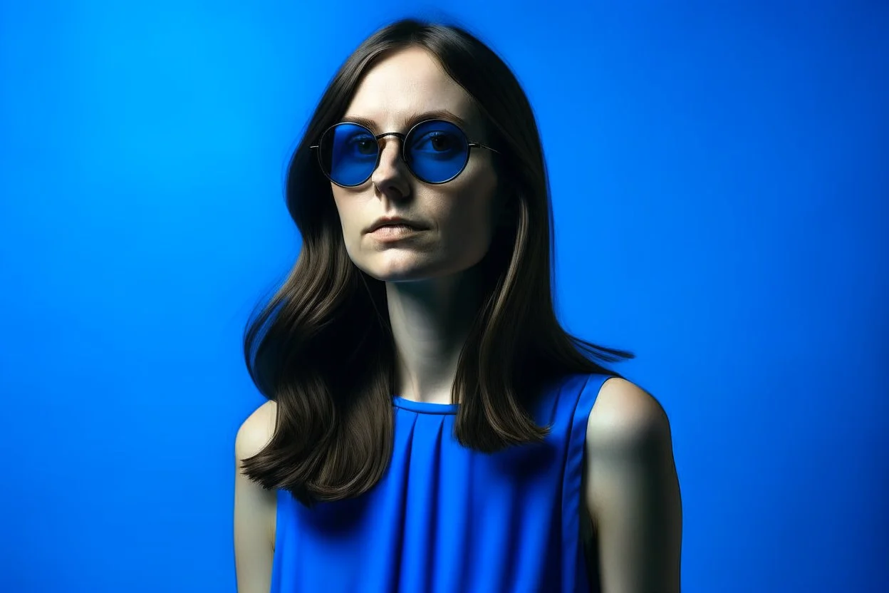 advertising photography, plain blue background, woman in blue dress, brunette, round sunglasses, real photography, 16K, shot with Leica camera, 35 mm lens, indirect lighting,