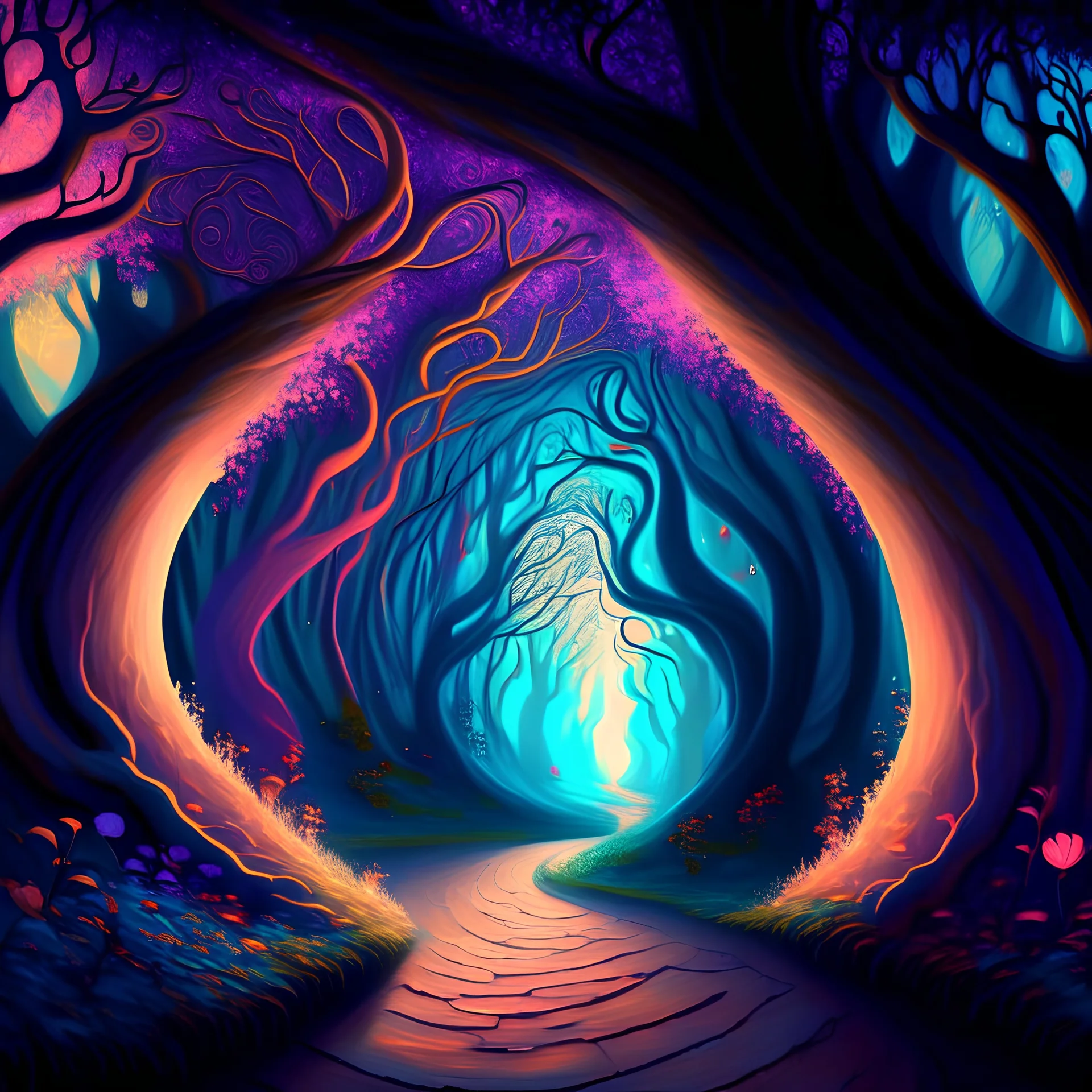 A painting of magical dreamscape with twisted trees in a tunnel of love with pastel colors 4K HD