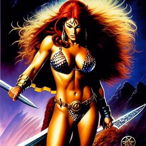 (full body),full body view portrait oil on canvas,Red Sonja,comic book cover, mystical colors,insanely detailed,realistic,intrincate detail,crystal clear eyes,perfectly drawn face, 16k resolution, masterpiece,Simon Bisley,Frank Frazetta,Alex Horley,ARTHUR ADAMS