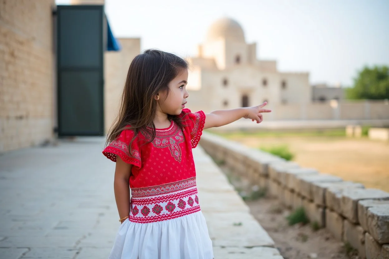 A five-year-old Palestinian girl wearing a traditional dress and new shoes looks to the side and points at a distant building.