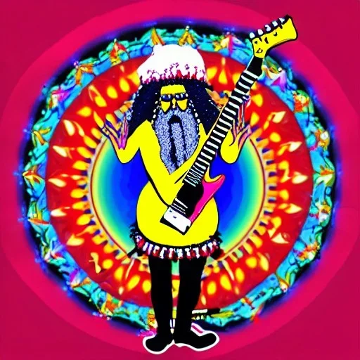 hippie Santa playing electric guitar psychedelic peace sign, MUSHROOMS, TRIPPY, ACID, LSD, dreadlocks