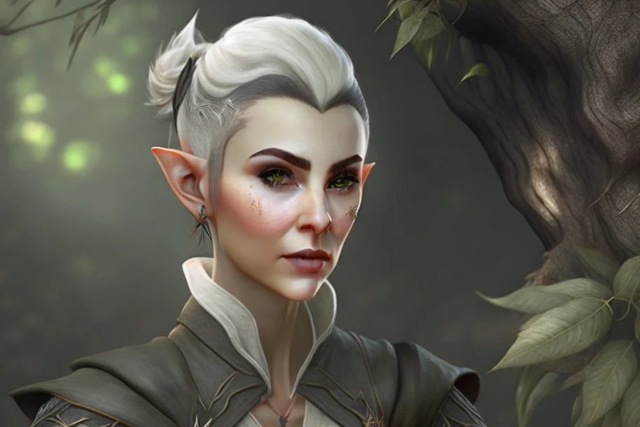 A Fantasy wood elf, a white male elf with black short hair tied up in a bun. Full body, HD