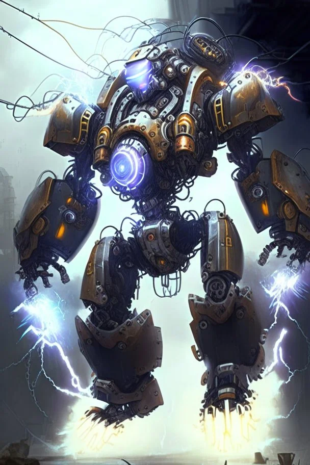 large mechanical robot exosuit make electricity lightning coming from it, steampunk exosuit