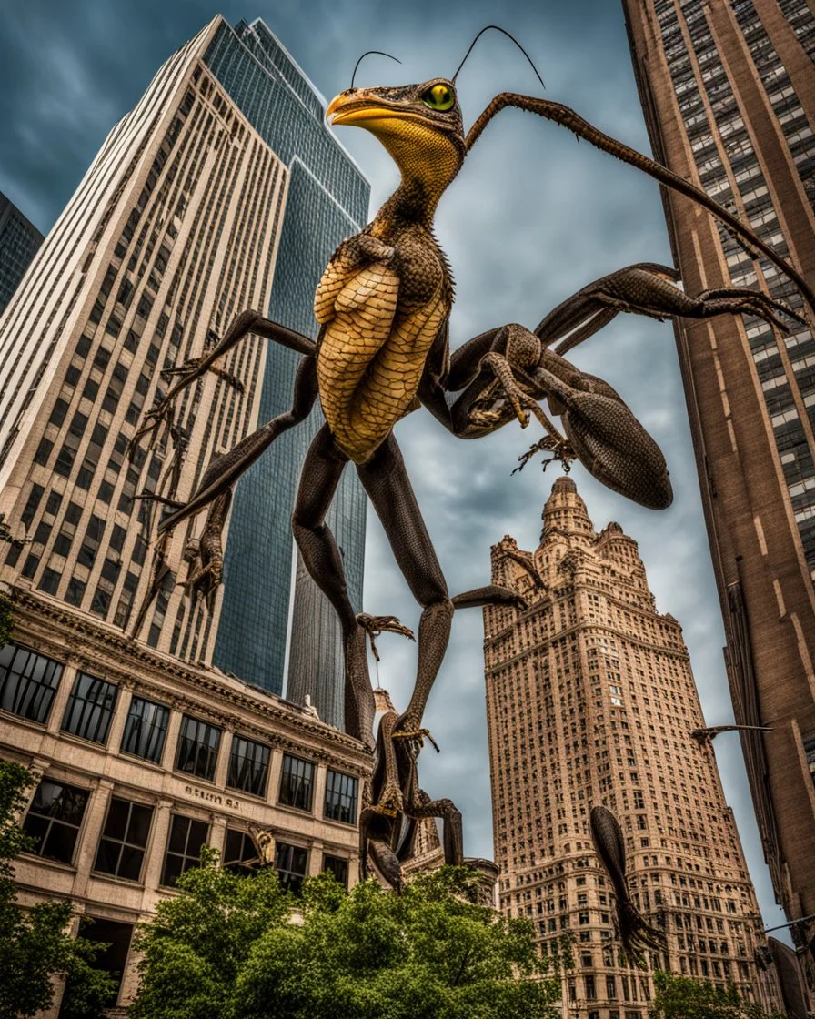 a national geographic style photograph of a 700ft tall eagle mantis lizard hybrid attacking detroit