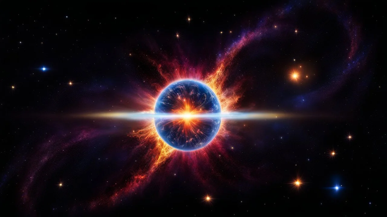 photo from An awe-inspiring, ultra-high-definition 3D render depicting the Big Bang explosion. The explosion's center is a swirling vortex of intense blue, red and yellow hues, radiating energetic particles. The deep space backdrop features celestial bodies and cosmic phenomena, providing a perfect contrast to the explosion. The image exudes a high-contrast, ultra-clear, and ultra-realistic quality that captures the essence of the cosmic event.