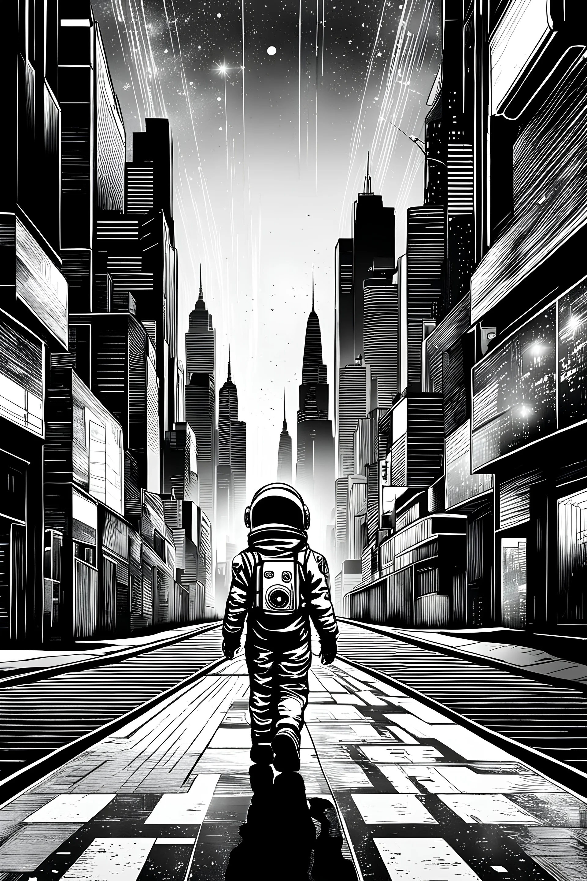 picture from a black and white line art cityscape. In the middle a color step transition photo of a little girl walking in space suit on the street, enhancing the contrast between her 3db texture and the black and white line cityscape, high digital illustration, cinematic