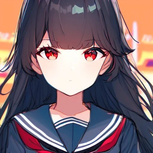 Clear focus, High resolution, long black fluffy hair, red eyes, chopped bangs, wearing a sailor uniform, wearing a sailor skirt, colorful, hollywood, female, no outlines, extreme close up, rough line sketch