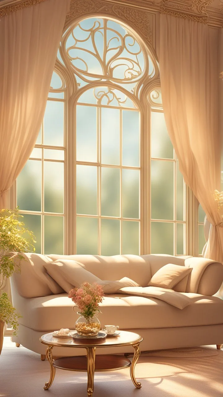 Create an image of a cozy living room overlooking a garden. There is a steaming cup of coffee on a table and soft music is playing in the background. It's a magical atmosphere in soft colors with gold., Miki Asai Macro photography, close-up, hyper detailed, trending on artstation, sharp focus, studio photo, intricate details, highly detailed, by greg rutkowski