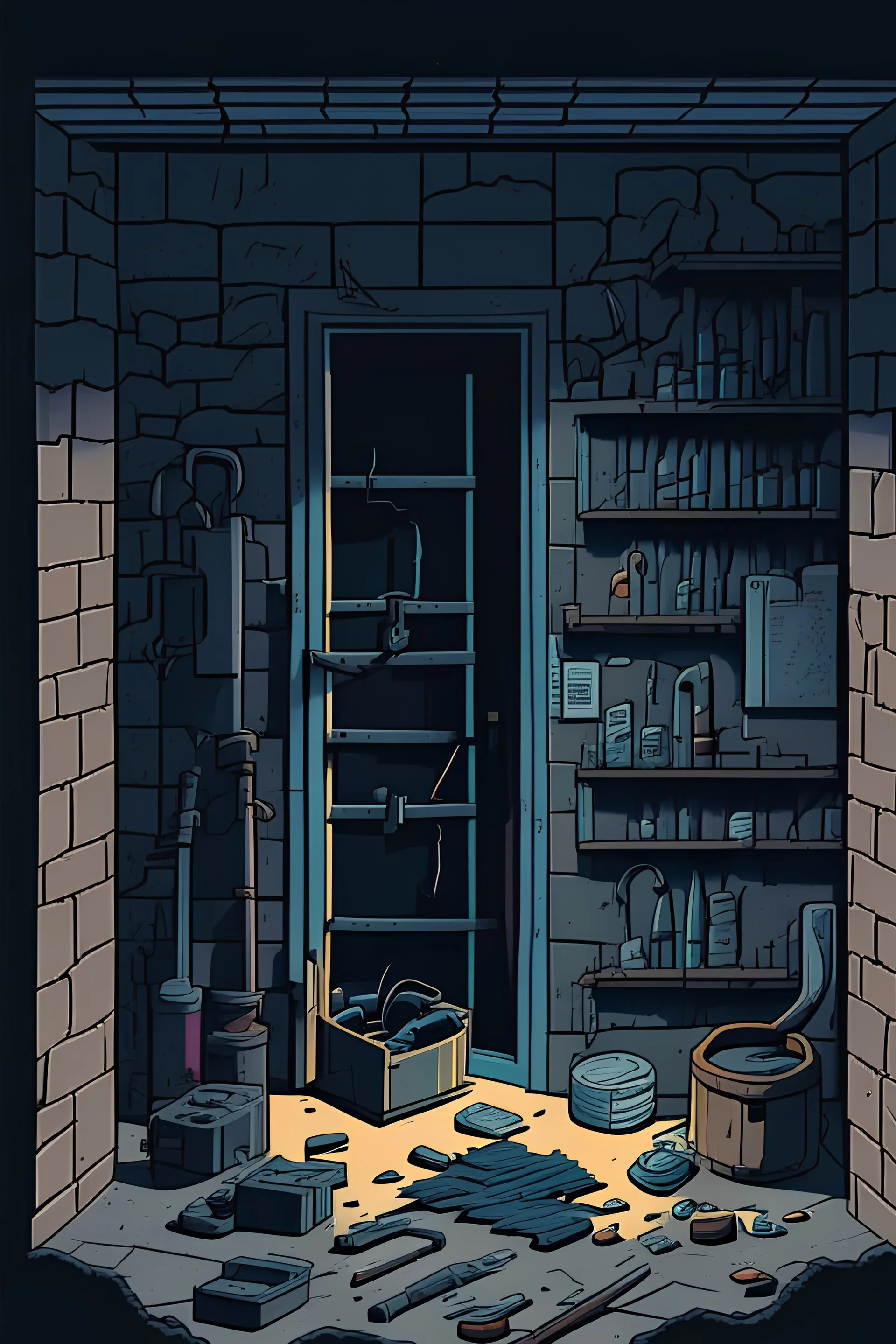 minimal manga color drawing of a dark room with one locked door and a lot of items and tools, stony wall