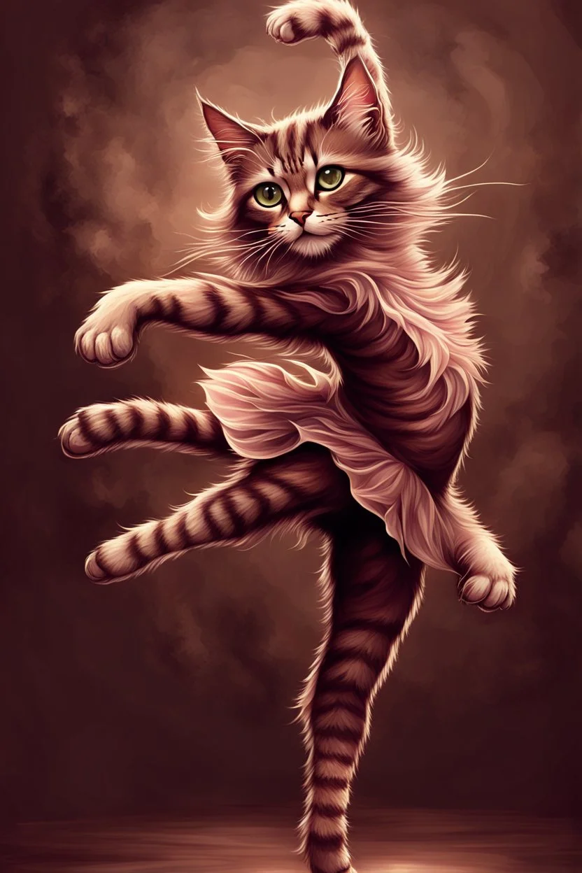 mesmerizing fantasy illustration featuring a feline dancer in a captivating ballet pose. The cat's fur is a blend of soft, muted tones, with one paw raised above its head and the other stretched out to the side. Its eyes are wide open, displaying an expressive and captivating look. The background is a muted brown, creating an atmosphere of mystique.