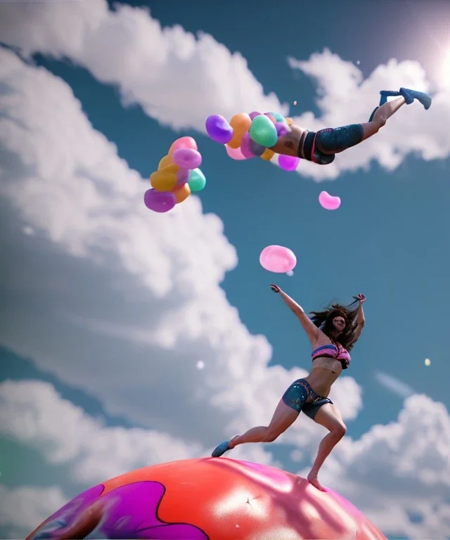 Ultra realistic speed clouds sky scene, wide angle view, sweet women falling down, inflatable color clothing, free jumping flying, many trinkets, hair monster, many jelly beans, balls, color smoke, smile, happy, circus style, extreme, wind, clouds sea, 20,000 feet altitude, stratosphere, soft color, highly detailed, unreal engine 5, ray tracing, RTX, lumen lighting, ultra detail, volumetric lighting, 3d, finely drawn, high definition, high resolution.