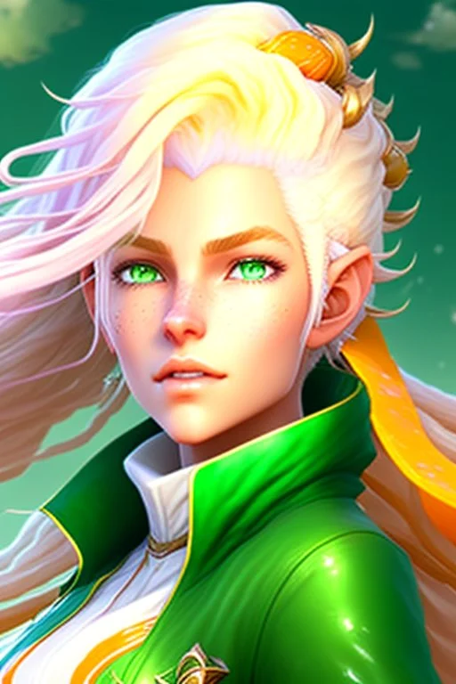 fantasy setting, woman ranger traveler with orange and white hair, pastel green eyes, kind, soft facial traits