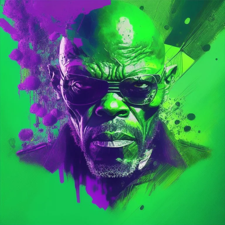 Samuel l jackson, mutando en un skrull, psicodelic green abstract digital art