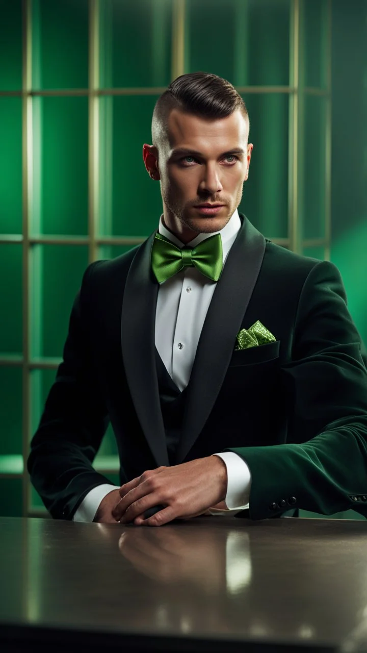 Handsome Alpha Male aged 30. buzzcut hair, five o clock shadow, wearing a black tuxedo with a green bow tie. Hyperrealistic 4k dark fantasy