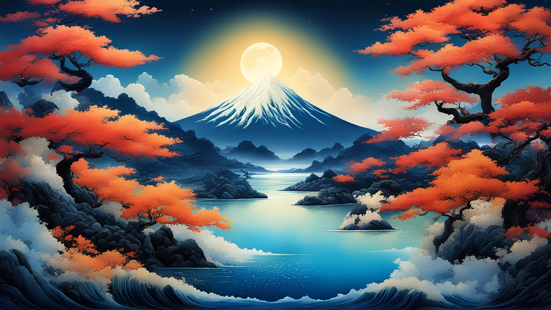 (Esoteric landscape of Hokusai and Anne Bachelier, Elpis, chemiluminescence, Art Nouveau, bright colors, kaleidoscope and prismatic effects, optical illusions 3D art), Detailed Textures, high quality, high resolution, high Accuracy, realism, color correction, Proper lighting settings, harmonious composition, Behance works