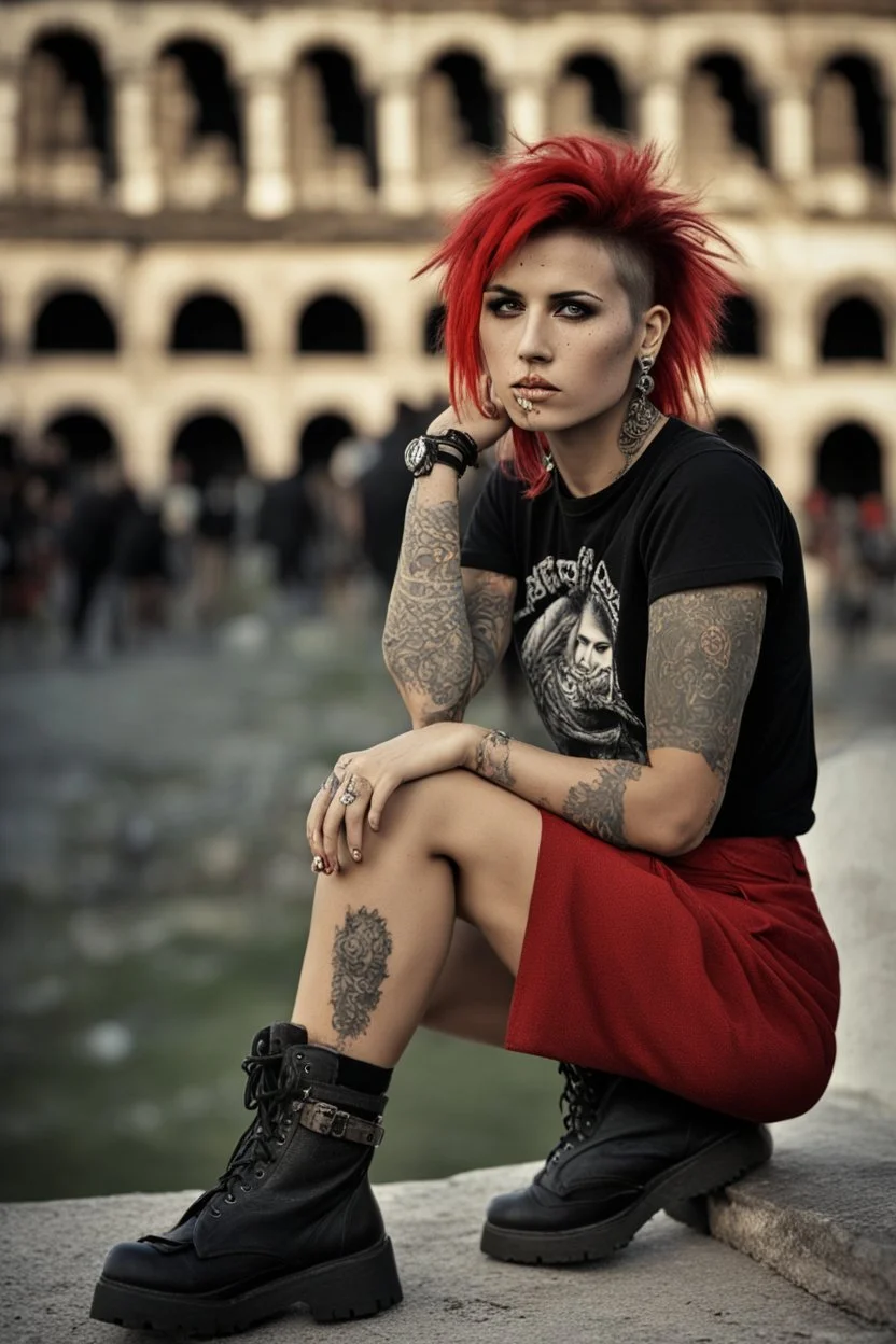 A portrait of an attractive young Italian punk girl. Photo taken in front of the Colosseum. Holey T-shirt, short red skirt, heavy boots, a few tattoos and piercings, colourful teased hair voivod style, sitting pose, 135 mm lens, classic Ilford film, highly detailed skin, small mole over lips