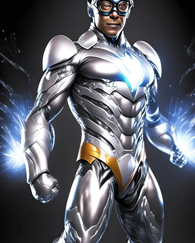 Gustavo Petro full body anthropomorphic 2d in superhero suit silver hyper-detailed full head full legs