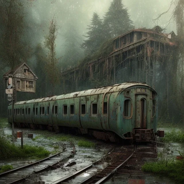 an abandoned train on tracks overgrown by nature with large puddles of water flooding part of tracks, 8k resolution, high-quality, fine-detail, intricate, digital art, detailed matte, volumetric lighting, illustration, 3D octane render, brian froud, howard lyon, selina french, anna dittmann, annie stokes, lisa parker, greg rutowski