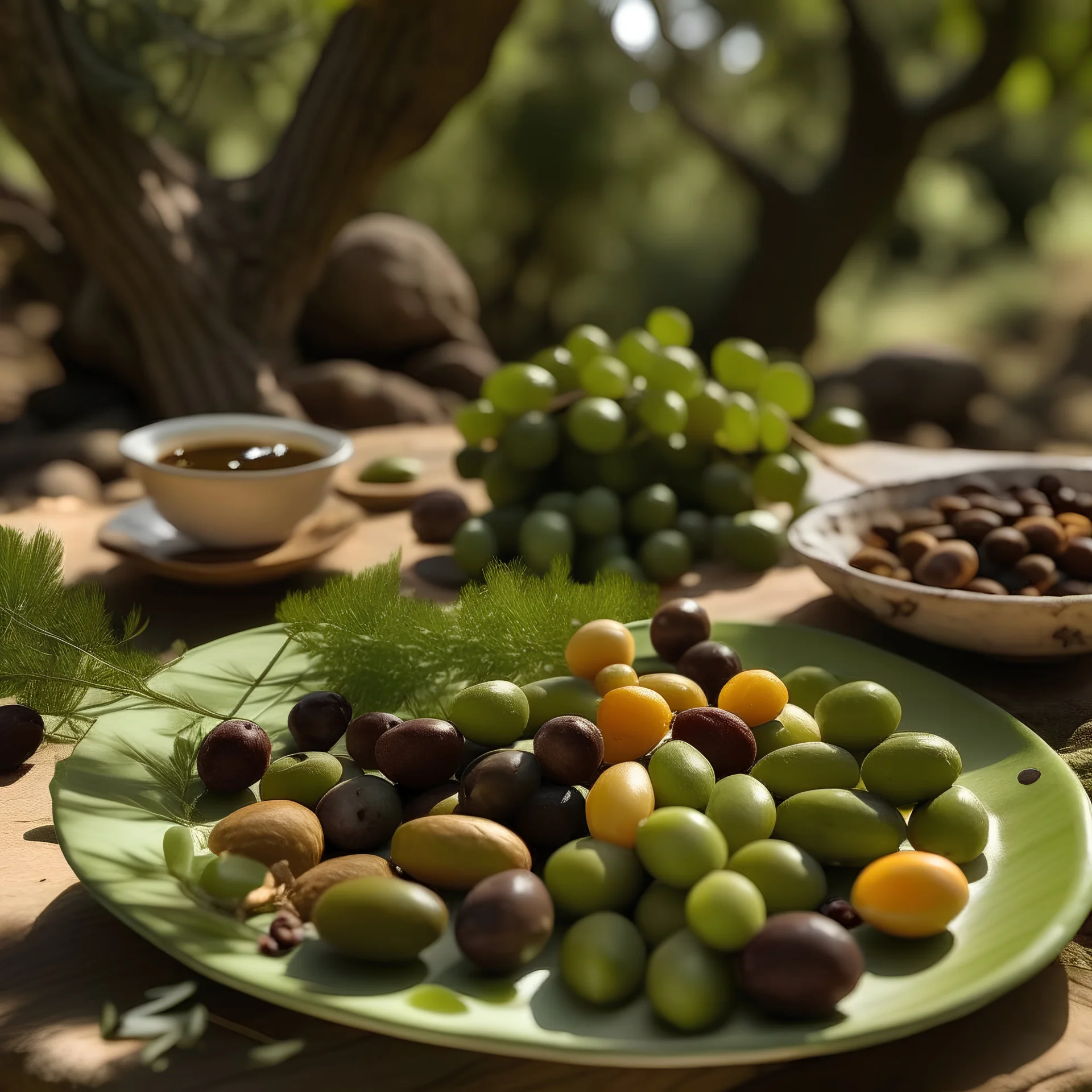 A plate of olives surrounded by a healthy breakfast in nature