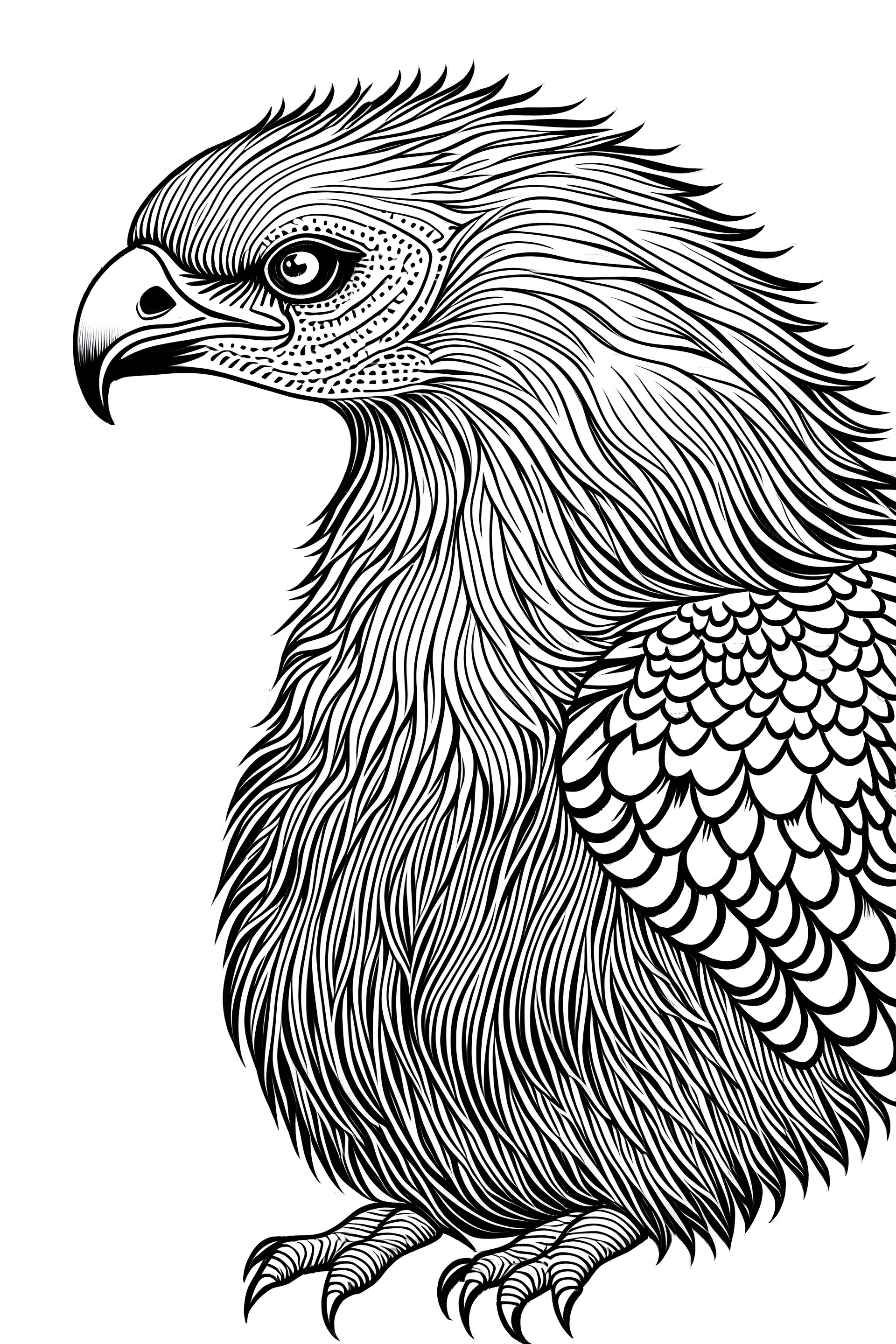 a Vulture. centered flat minimalistic black and white high contrast line drawing, coloring book style, {prompt}, (white sky, white clouds,mandala style, white hair, white objects, white clothing, white fur, white skin, white terrain, white scales), blank white background.