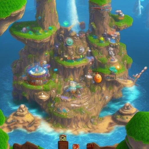 New map by super mario 3d land with waterfalls, 3d, high detail, symbols, 4k, ray traing, render, future punk, steam punk, magic in blue colors, no other place