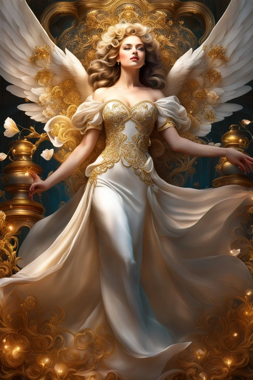 Photography realistic Beautiful Angel wearing a magical gown of swirly flowing marble water gold filigree curlicues, flowering flowers, bloom, sparkle, ornamental gilt, diamonds, rubies, emeralds, sapphires, beautiful, delicate, intricate, elegant, graceful, shiny, Hyperrealism, Rococo, expressive, spherical, zoom out, volumetric lighting