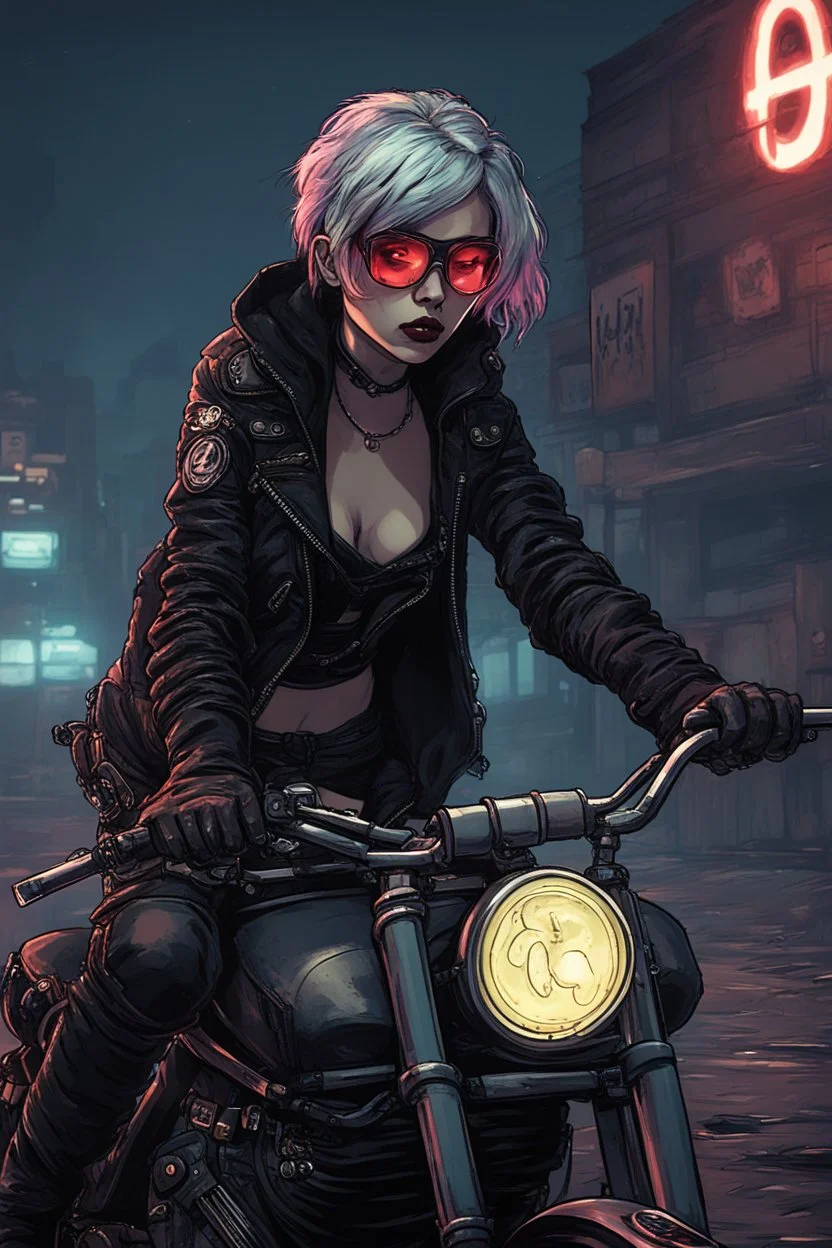 vampire girl with short cropped cyberpunk hair riding a cafe racer motorcycle in a post apocalyptic city at night