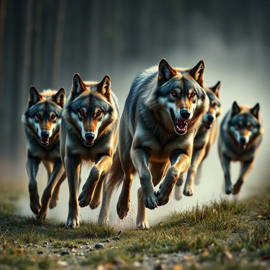 A hyper-realistic, pack of wolves running, wild chase, cinematic BG, enchant color, dramatic scene, front side view ,fool size , Photo Real, 8k