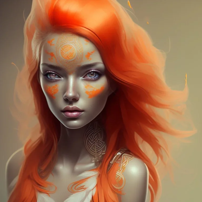 A beautiful portrait of a cute woman orange color scheme, high key lighting, volumetric light high details with white stripes and feathers and celtic paterns, flaming hair