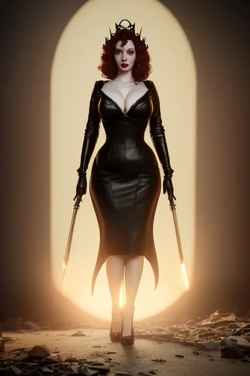 Christina Hendricks as evil queen in black leather gown, cleavage, angry, unreal 5, octane render,cinema4d, dynamic lighting, dramatic lighting, 4k, redshift render, highly detailed, hyper realistic