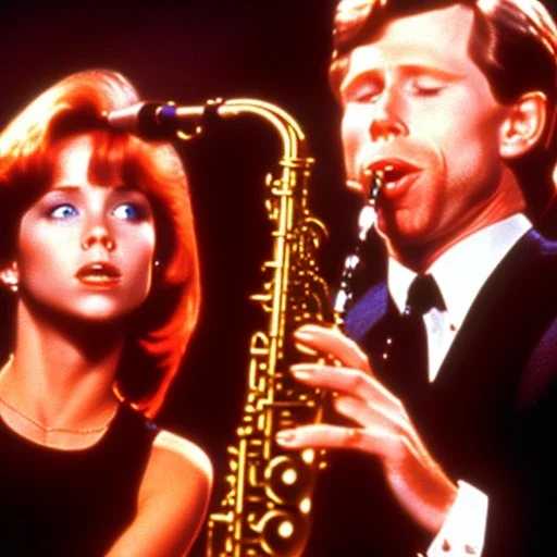 REd-haired Ron howard Is richie from happy days playing A saxophone with his "eyes closed", rock band, embouchure, joanie cunningham