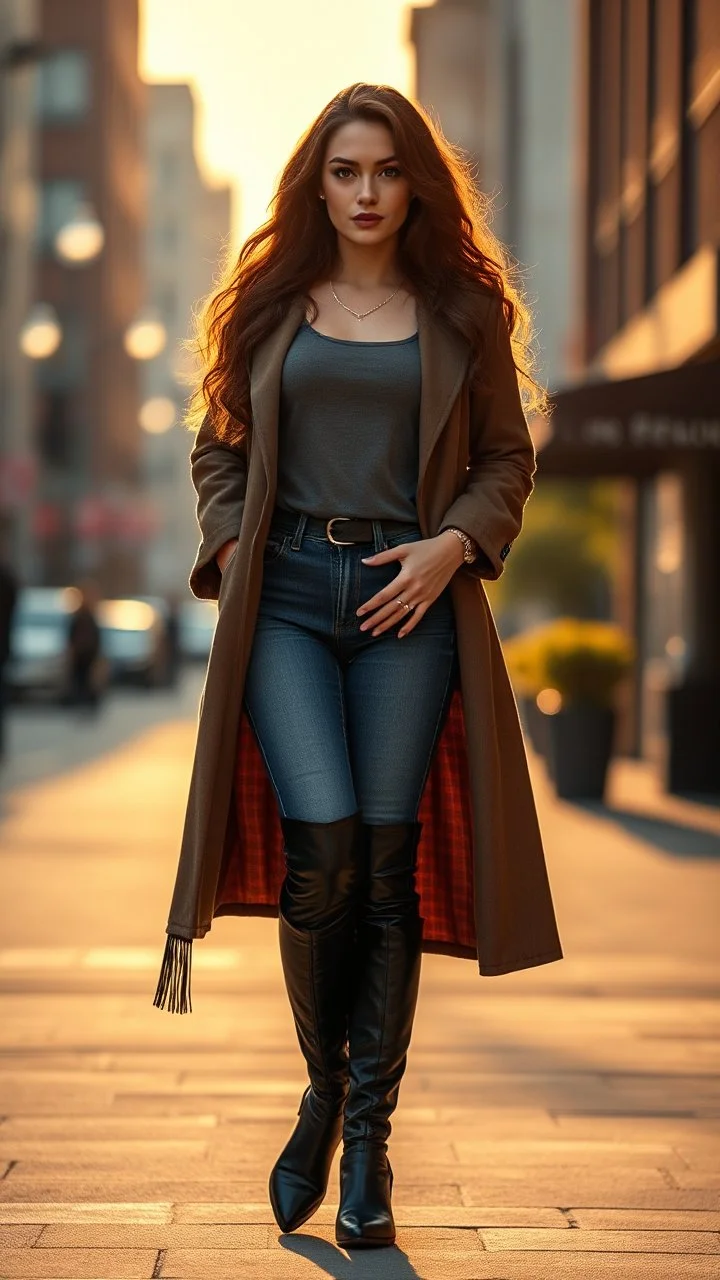 Create an ultra-realistic cinematic 8K fullbody of lady mode skin texture, add makeup,pretty boots,curvy long hair. Style: fashion editorial, confident standing pose. Lighting: warm golden hour sunlight, soft rim light. Background: softly blurred urban bokeh. Camera look: shallow depth of field, film grain, cinematic color grade. Outfit: keep similar to the original or elevate slightly with premium casual style.