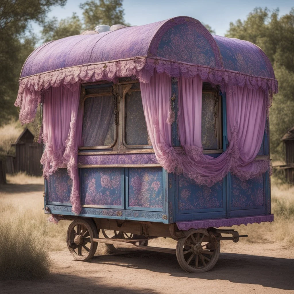 Old fashioned purple, blue and pink gypsy wagon decorated, curtains fluttering in the wind